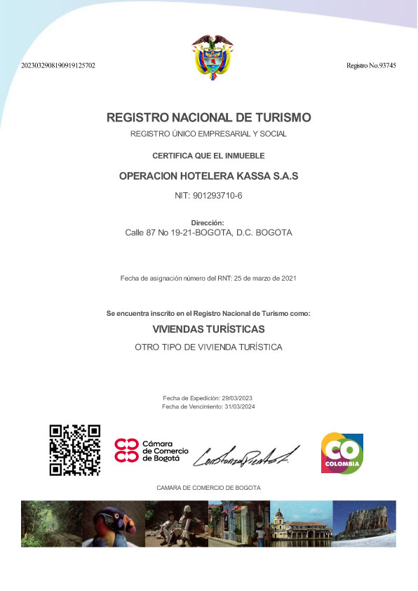 Registro Nacional de Turismo de Cassa Luxury Home, Apartamentos long stay en Bogotá